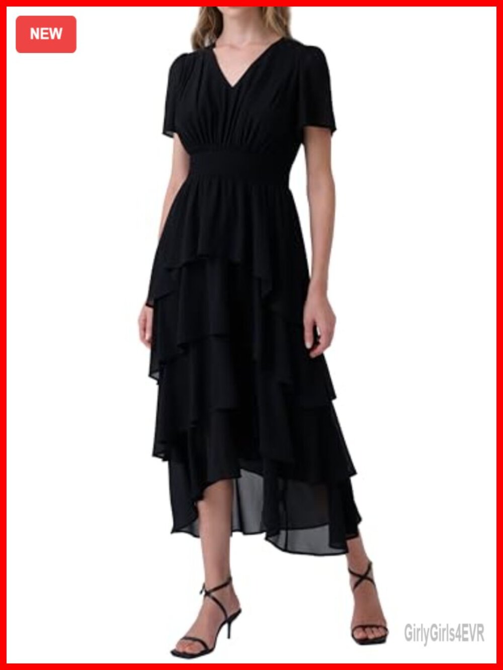 Olaesa Women's Chiffon Tiered Midi Dress - V Neck High Low Flowy Dress